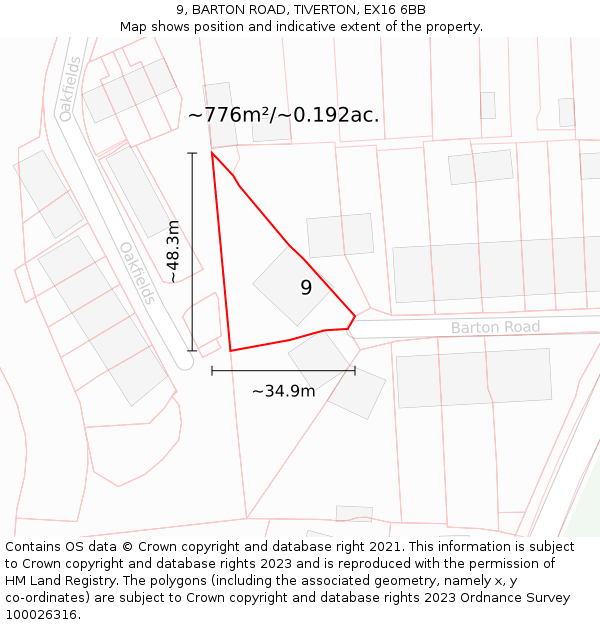 9, BARTON ROAD, TIVERTON, EX16 6BB: Plot and title map