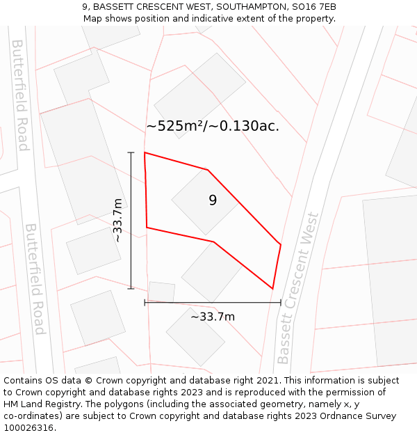 9, BASSETT CRESCENT WEST, SOUTHAMPTON, SO16 7EB: Plot and title map