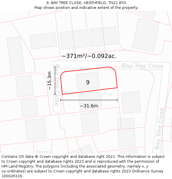 9, BAY TREE CLOSE, HEATHFIELD, TN21 8YG: Plot and title map