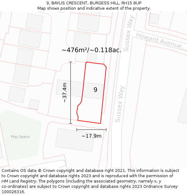 9, BAYLIS CRESCENT, BURGESS HILL, RH15 8UP: Plot and title map