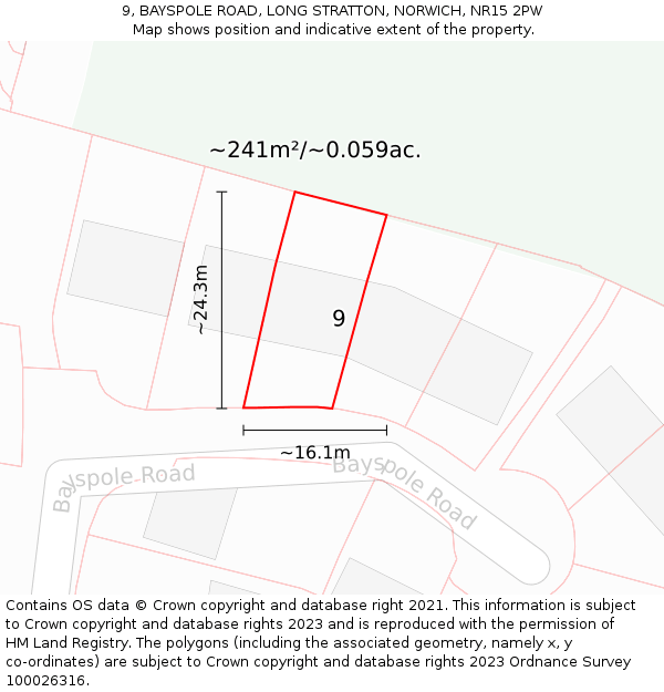 9, BAYSPOLE ROAD, LONG STRATTON, NORWICH, NR15 2PW: Plot and title map