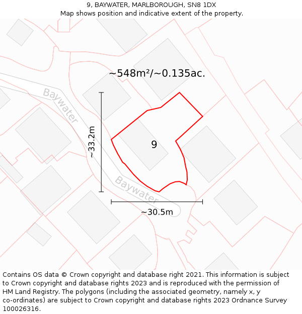 9, BAYWATER, MARLBOROUGH, SN8 1DX: Plot and title map