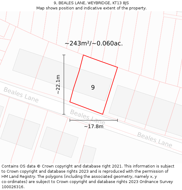 9, BEALES LANE, WEYBRIDGE, KT13 8JS: Plot and title map