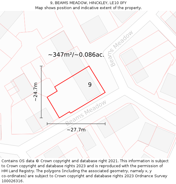 9, BEAMS MEADOW, HINCKLEY, LE10 0FY: Plot and title map