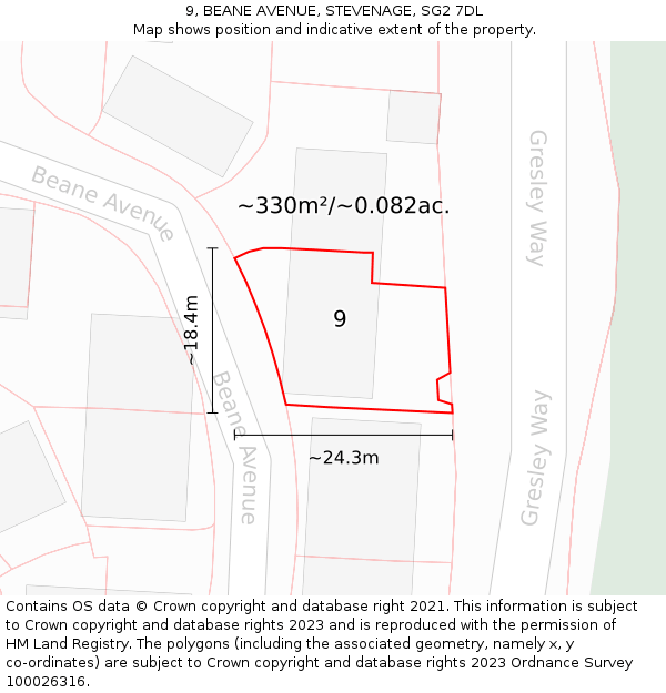 9, BEANE AVENUE, STEVENAGE, SG2 7DL: Plot and title map