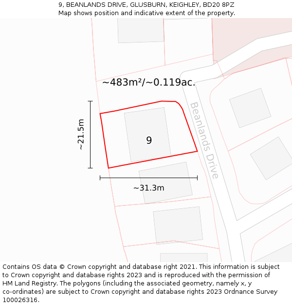 9, BEANLANDS DRIVE, GLUSBURN, KEIGHLEY, BD20 8PZ: Plot and title map