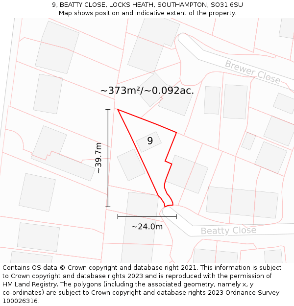 9, BEATTY CLOSE, LOCKS HEATH, SOUTHAMPTON, SO31 6SU: Plot and title map