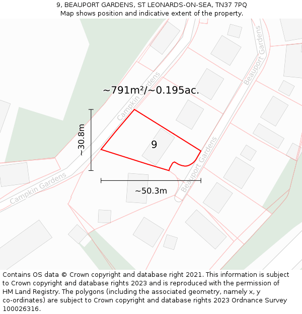 9, BEAUPORT GARDENS, ST LEONARDS-ON-SEA, TN37 7PQ: Plot and title map