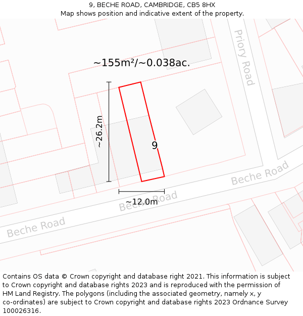 9, BECHE ROAD, CAMBRIDGE, CB5 8HX: Plot and title map