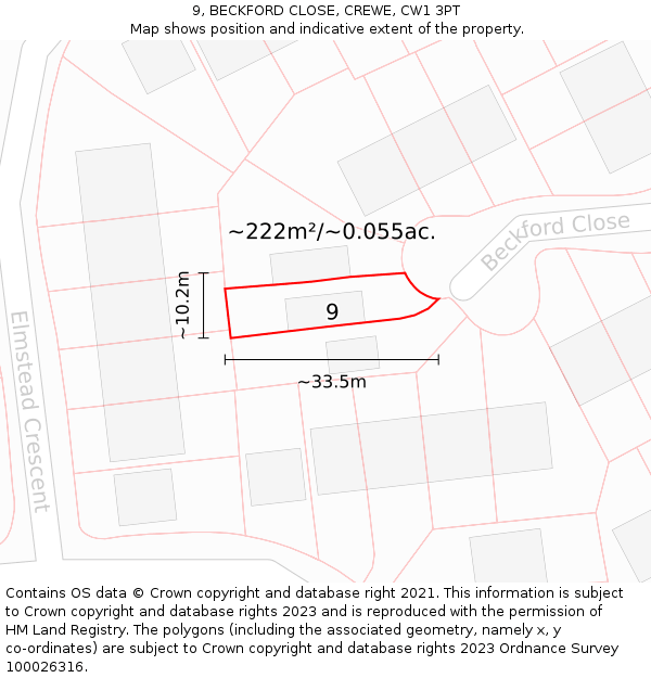 9, BECKFORD CLOSE, CREWE, CW1 3PT: Plot and title map