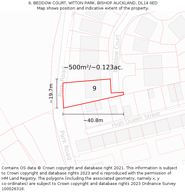 9, BEDDOW COURT, WITTON PARK, BISHOP AUCKLAND, DL14 0ED: Plot and title map