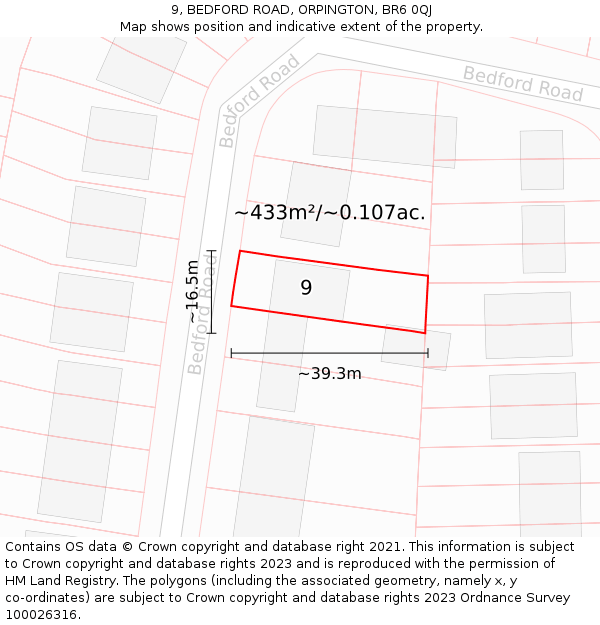 9, BEDFORD ROAD, ORPINGTON, BR6 0QJ: Plot and title map