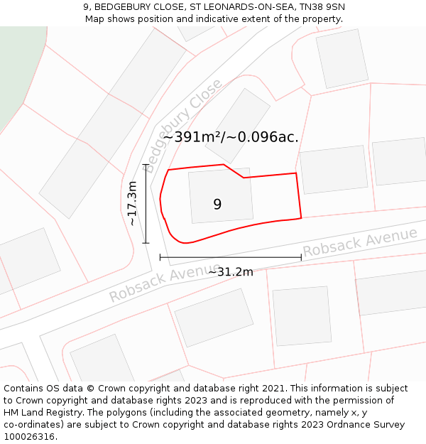 9, BEDGEBURY CLOSE, ST LEONARDS-ON-SEA, TN38 9SN: Plot and title map