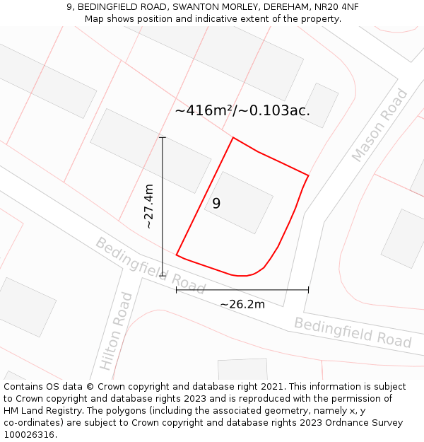 9, BEDINGFIELD ROAD, SWANTON MORLEY, DEREHAM, NR20 4NF: Plot and title map