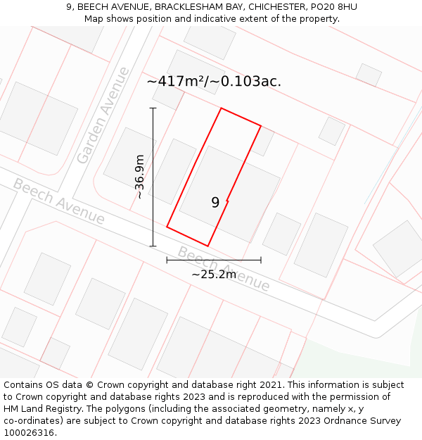 9, BEECH AVENUE, BRACKLESHAM BAY, CHICHESTER, PO20 8HU: Plot and title map