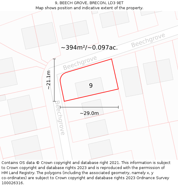 9, BEECH GROVE, BRECON, LD3 9ET: Plot and title map