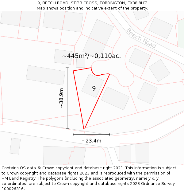 9, BEECH ROAD, STIBB CROSS, TORRINGTON, EX38 8HZ: Plot and title map