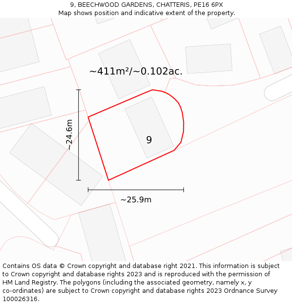 9, BEECHWOOD GARDENS, CHATTERIS, PE16 6PX: Plot and title map