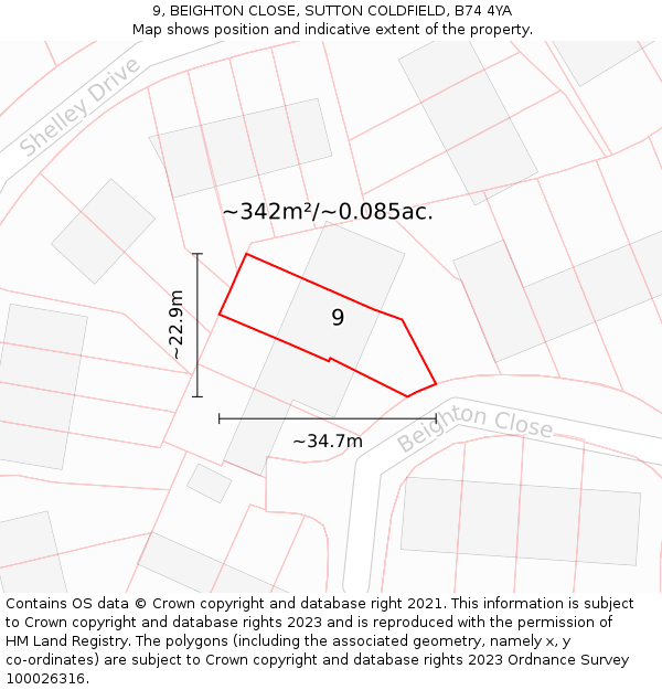 9, BEIGHTON CLOSE, SUTTON COLDFIELD, B74 4YA: Plot and title map