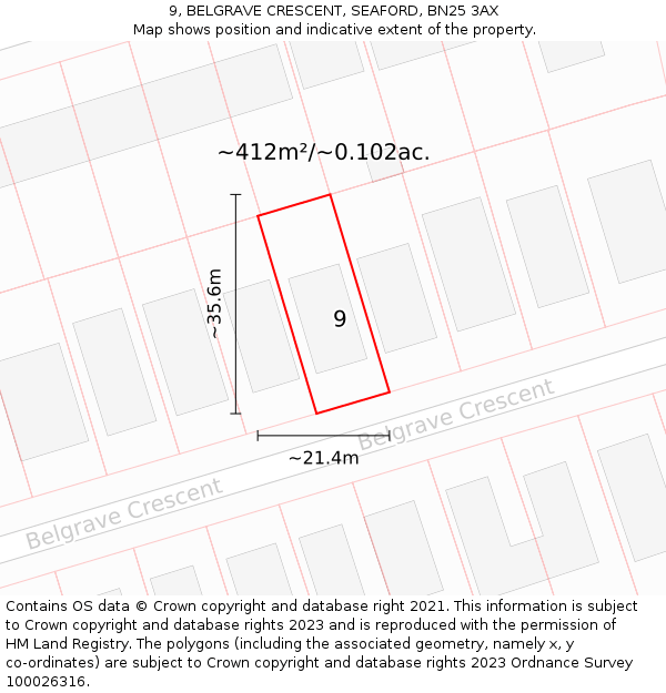 9, BELGRAVE CRESCENT, SEAFORD, BN25 3AX: Plot and title map