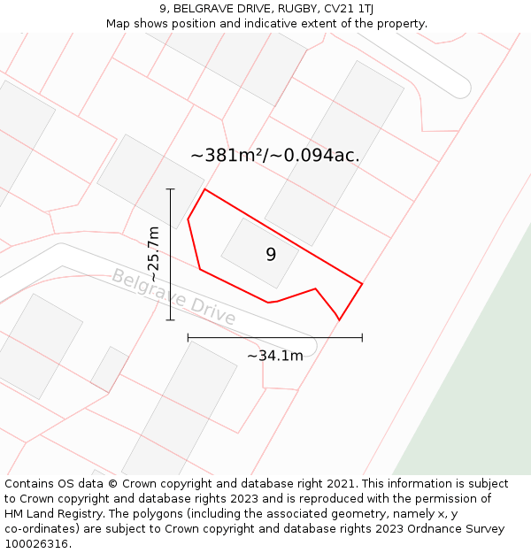 9, BELGRAVE DRIVE, RUGBY, CV21 1TJ: Plot and title map