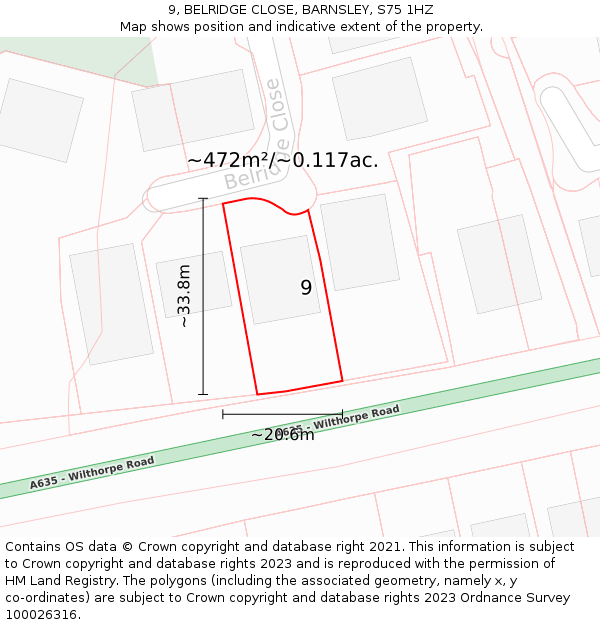 9, BELRIDGE CLOSE, BARNSLEY, S75 1HZ: Plot and title map