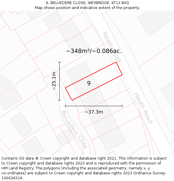 9, BELVEDERE CLOSE, WEYBRIDGE, KT13 8XQ: Plot and title map