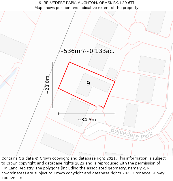 9, BELVEDERE PARK, AUGHTON, ORMSKIRK, L39 6TT: Plot and title map