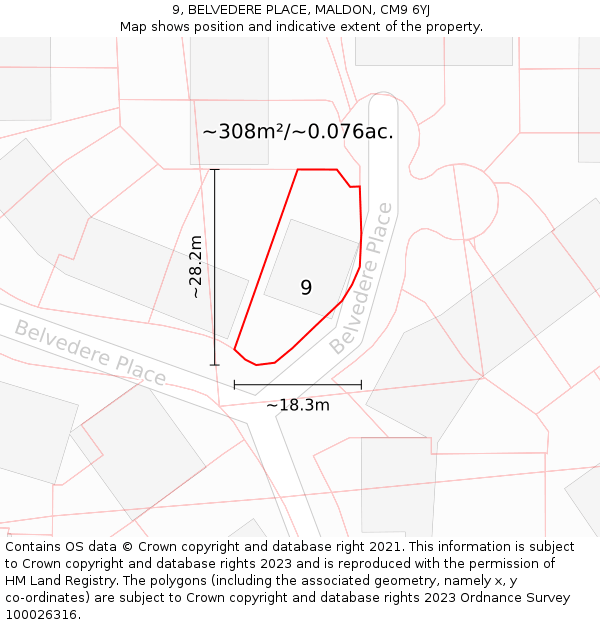 9, BELVEDERE PLACE, MALDON, CM9 6YJ: Plot and title map