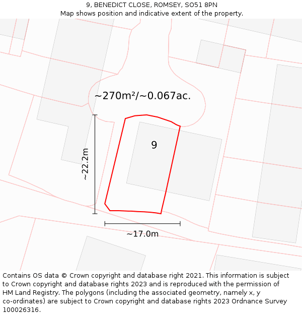 9, BENEDICT CLOSE, ROMSEY, SO51 8PN: Plot and title map