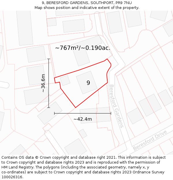 9, BERESFORD GARDENS, SOUTHPORT, PR9 7NU: Plot and title map