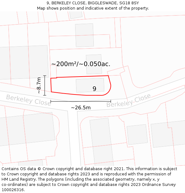 9, BERKELEY CLOSE, BIGGLESWADE, SG18 8SY: Plot and title map