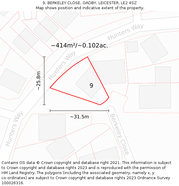 9, BERKELEY CLOSE, OADBY, LEICESTER, LE2 4SZ: Plot and title map
