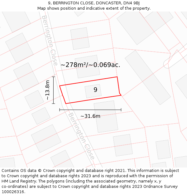 9, BERRINGTON CLOSE, DONCASTER, DN4 9BJ: Plot and title map