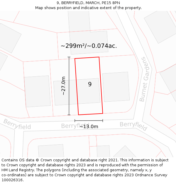 9, BERRYFIELD, MARCH, PE15 8PN: Plot and title map