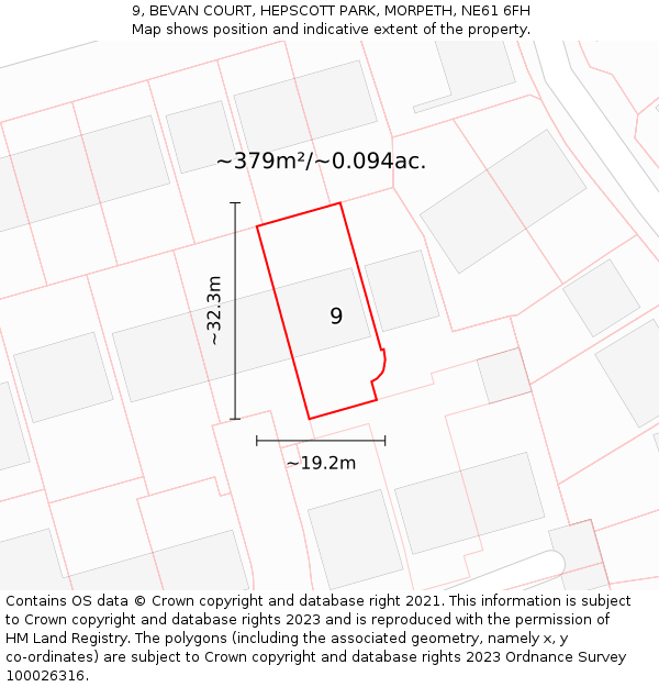 9, BEVAN COURT, HEPSCOTT PARK, MORPETH, NE61 6FH: Plot and title map