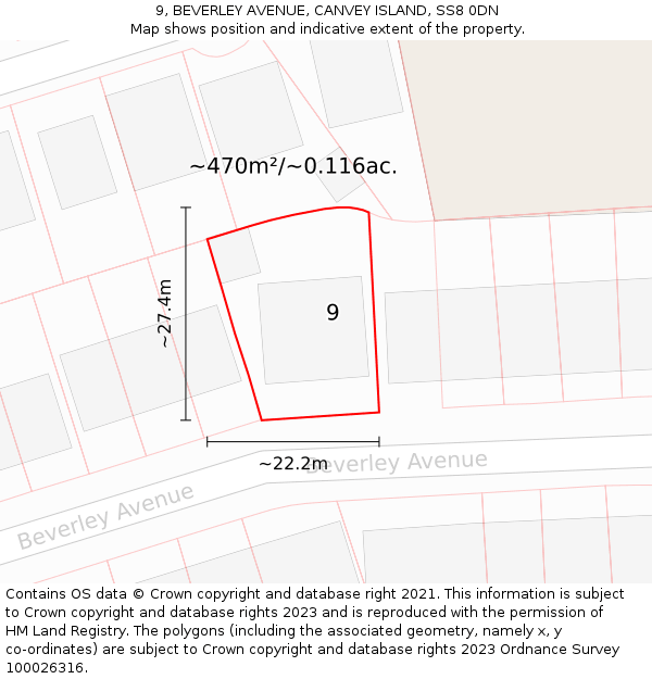9, BEVERLEY AVENUE, CANVEY ISLAND, SS8 0DN: Plot and title map