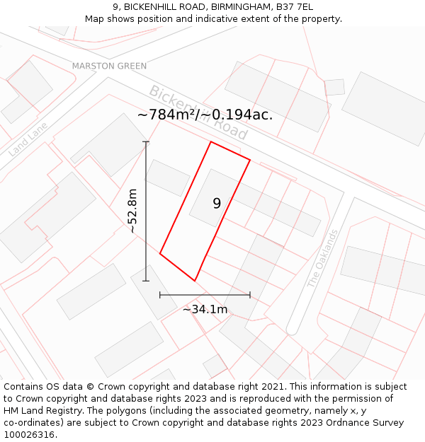 9, BICKENHILL ROAD, BIRMINGHAM, B37 7EL: Plot and title map