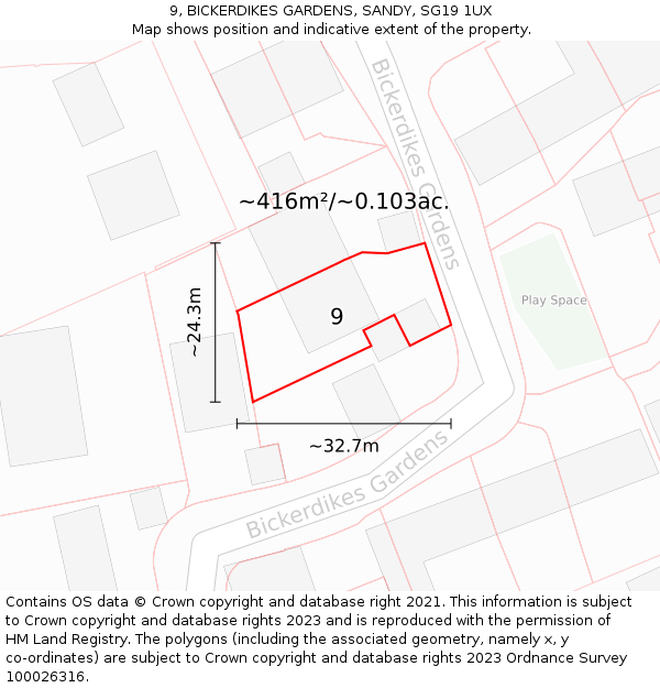 9, BICKERDIKES GARDENS, SANDY, SG19 1UX: Plot and title map