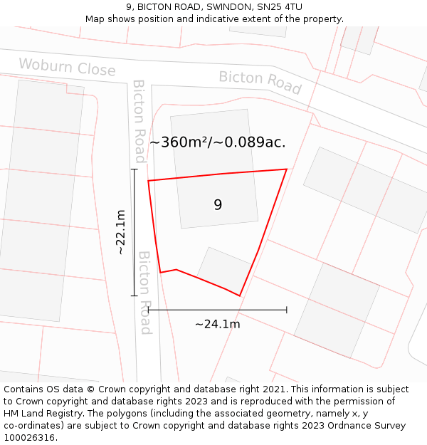 9, BICTON ROAD, SWINDON, SN25 4TU: Plot and title map