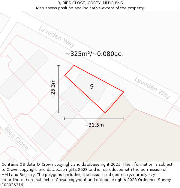 9, BIES CLOSE, CORBY, NN18 8NS: Plot and title map