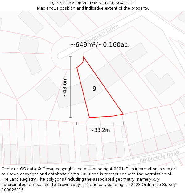 9, BINGHAM DRIVE, LYMINGTON, SO41 3PR: Plot and title map