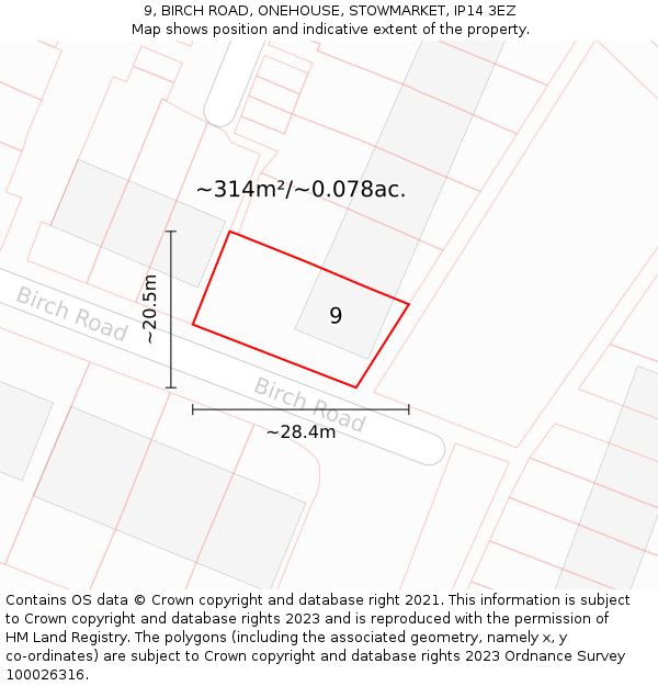 9, BIRCH ROAD, ONEHOUSE, STOWMARKET, IP14 3EZ: Plot and title map