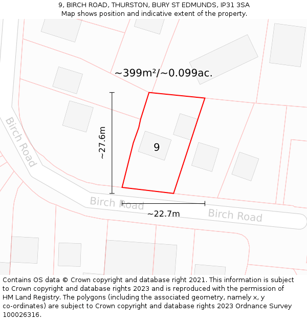 9, BIRCH ROAD, THURSTON, BURY ST EDMUNDS, IP31 3SA: Plot and title map