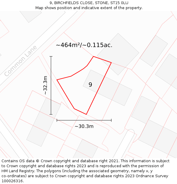 9, BIRCHFIELDS CLOSE, STONE, ST15 0LU: Plot and title map