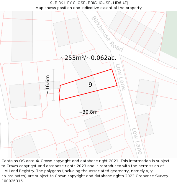 9, BIRK HEY CLOSE, BRIGHOUSE, HD6 4FJ: Plot and title map
