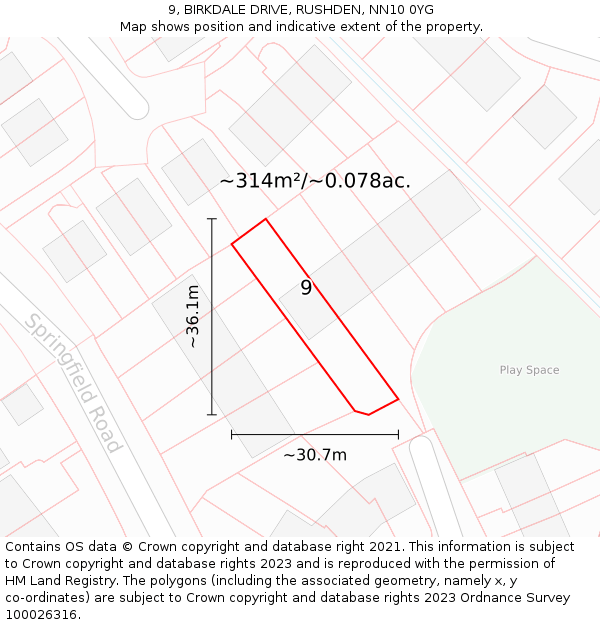 9, BIRKDALE DRIVE, RUSHDEN, NN10 0YG: Plot and title map