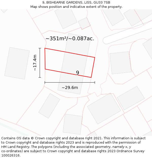 9, BISHEARNE GARDENS, LISS, GU33 7SB: Plot and title map