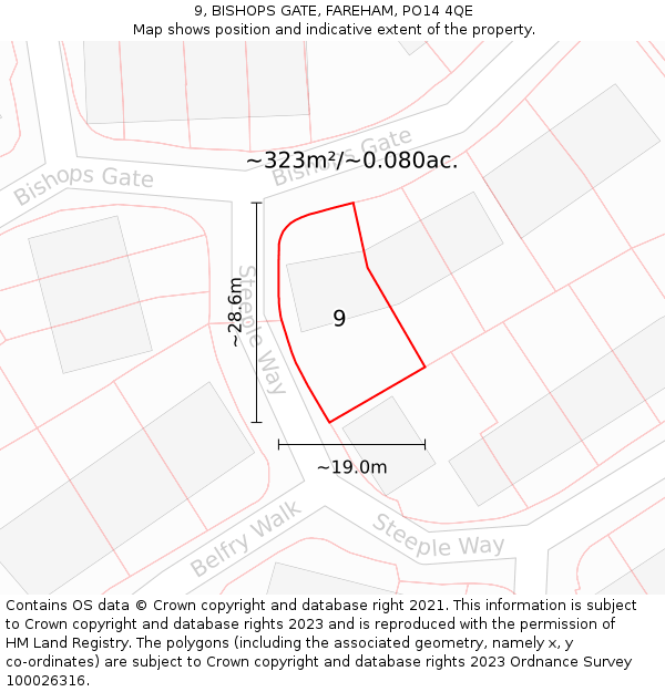 9, BISHOPS GATE, FAREHAM, PO14 4QE: Plot and title map