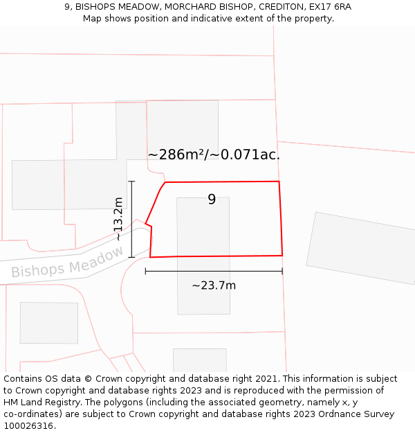 9, BISHOPS MEADOW, MORCHARD BISHOP, CREDITON, EX17 6RA: Plot and title map